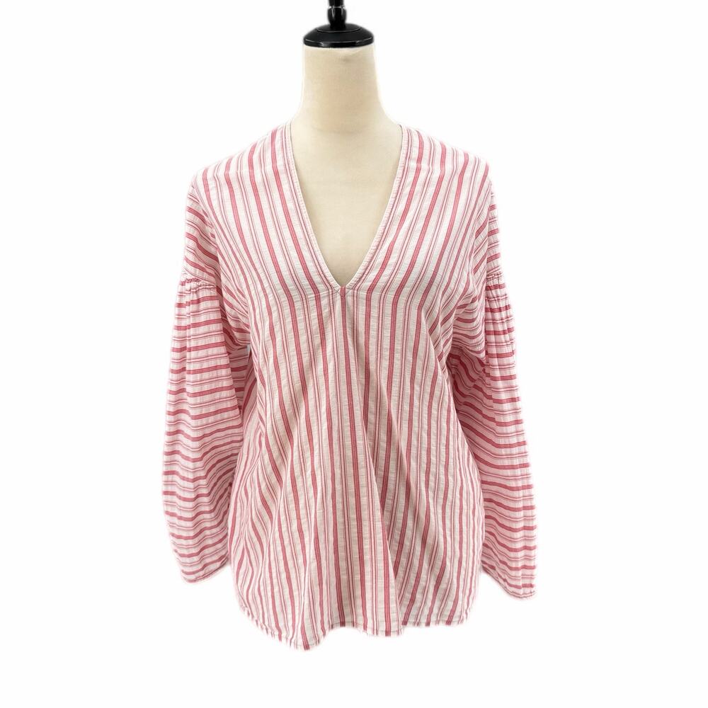 Vince Red & White Variegated Stripe 100% Cotton Long Sleeve V-Neck Blouse Top - Picture 1 of 11